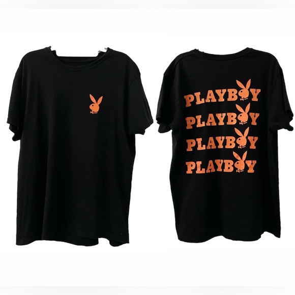 PLAYBOY Mens XL Black Coral/Orange Repeat Logo Shirt Entertainment Magazine EUC - Picture 1 of 7